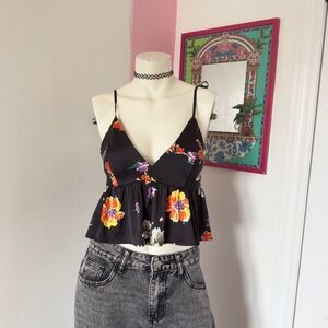 Savage Fenty Black And Floral Flowy Cami Peplum Top